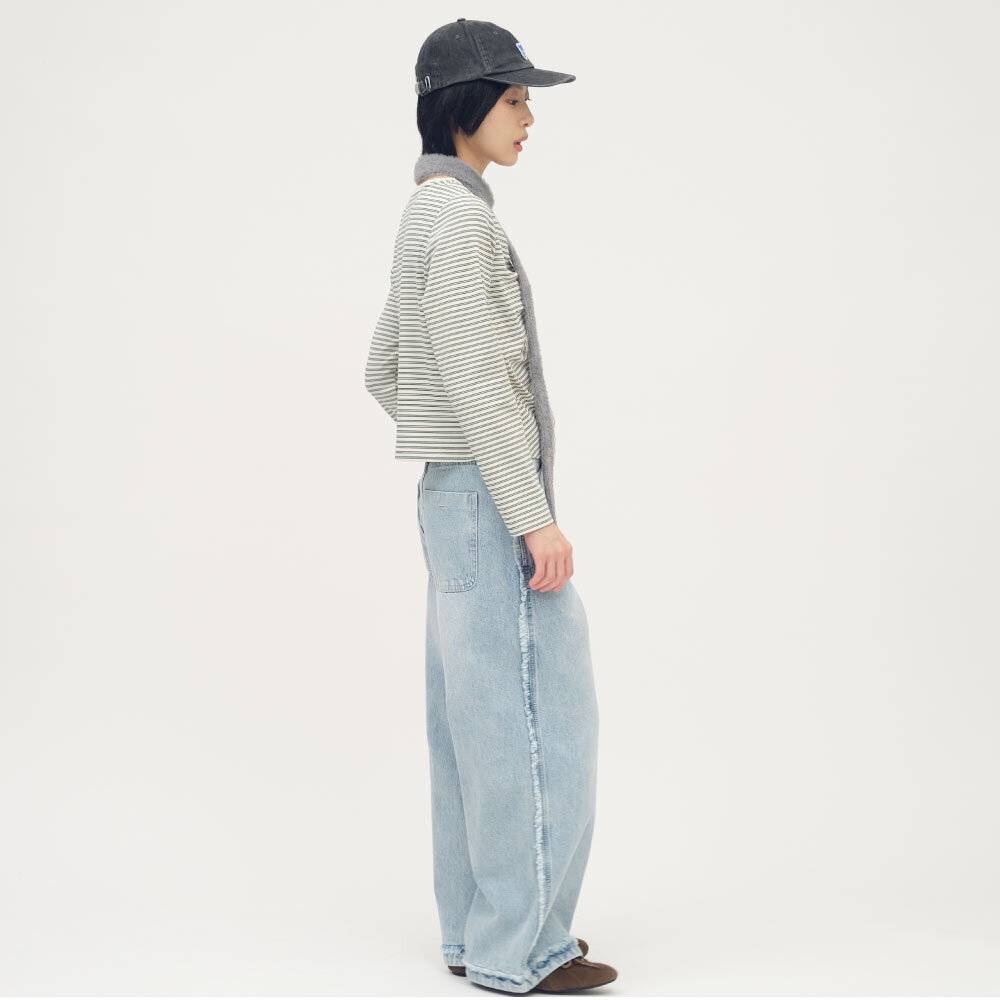 條紋拼接細褶上衣