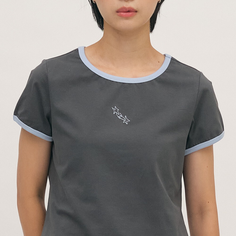 流星刺繡拼接合肩TEE