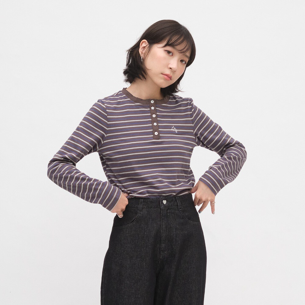 小花邊半開襟條紋TEE