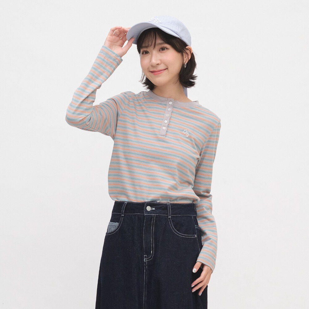 小花邊半開襟條紋TEE