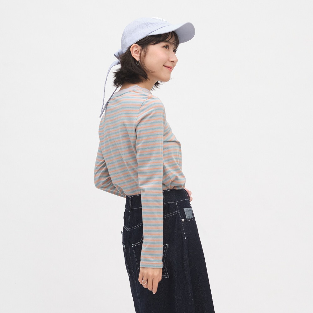 小花邊半開襟條紋TEE