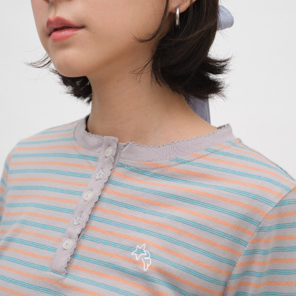 小花邊半開襟條紋TEE