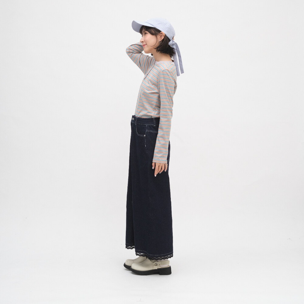 小花邊半開襟條紋TEE