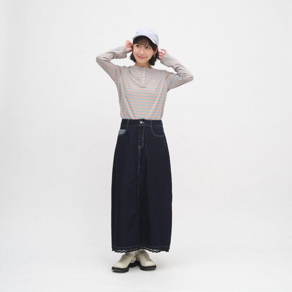 小花邊半開襟條紋TEE