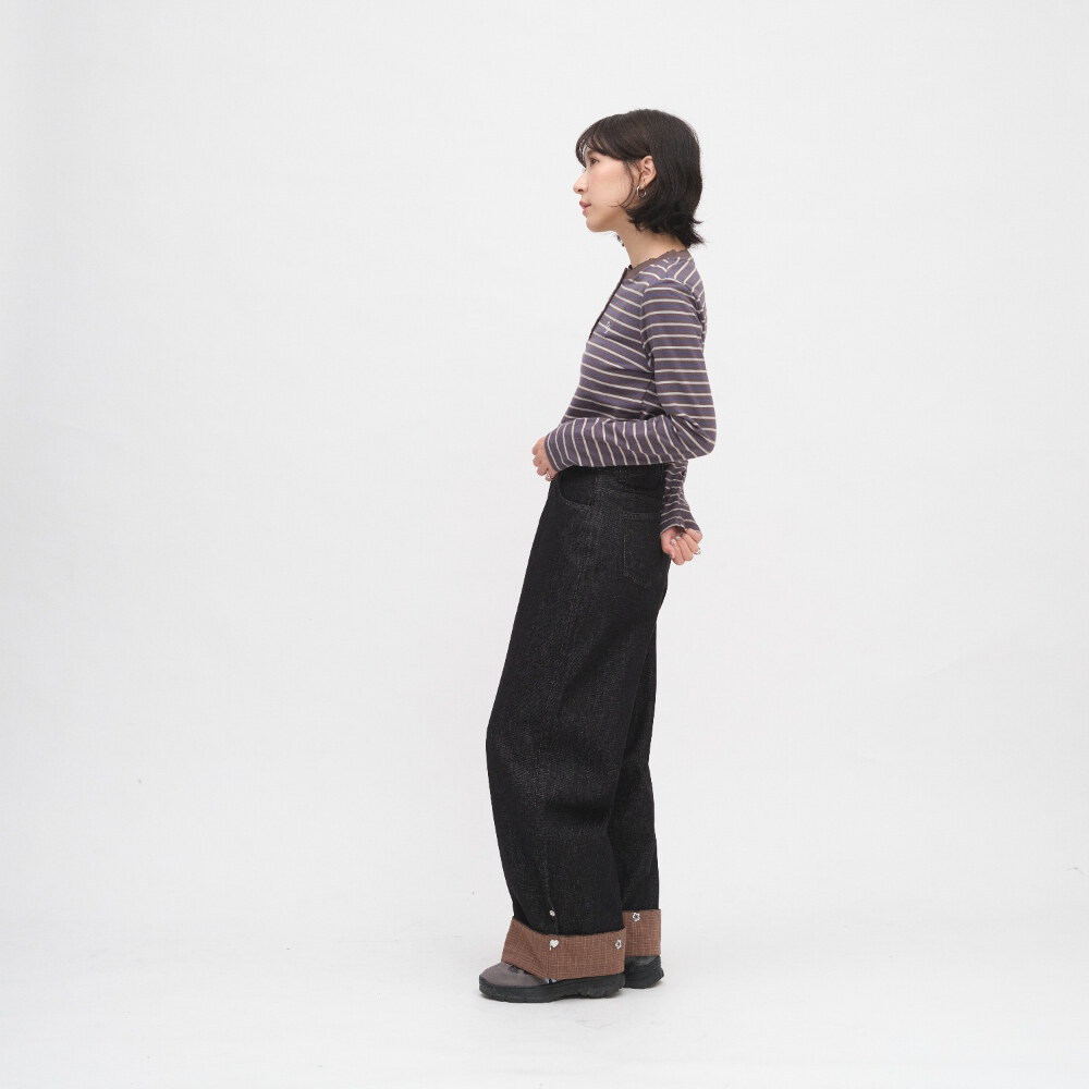 小花邊半開襟條紋TEE