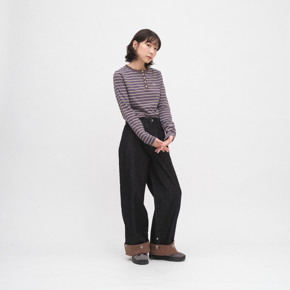 小花邊半開襟條紋TEE