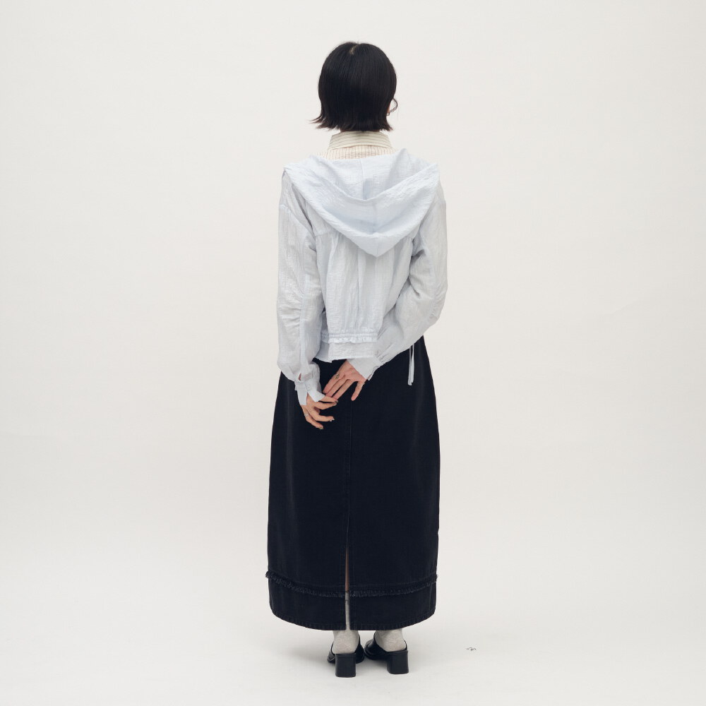 細褶透膚連帽罩衫