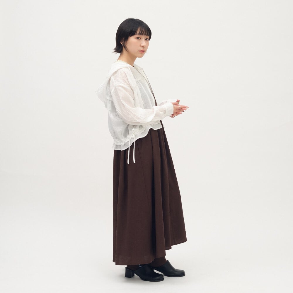 細褶透膚連帽罩衫