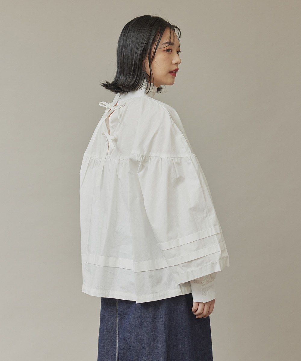 蓬袖花邊立領襯衫