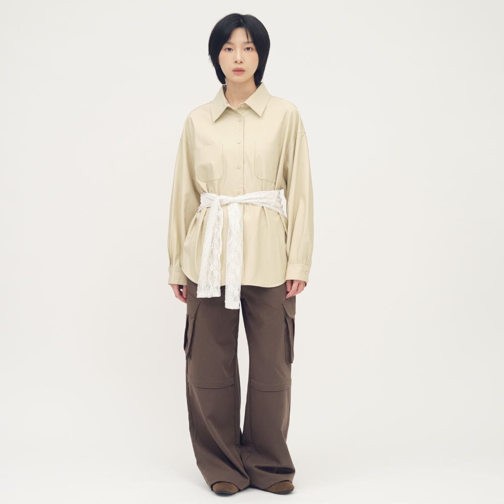 皮感大口袋襯衫