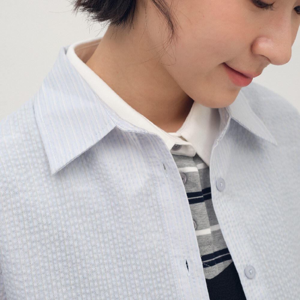 條紋泡泡紗袖口綁帶襯衫