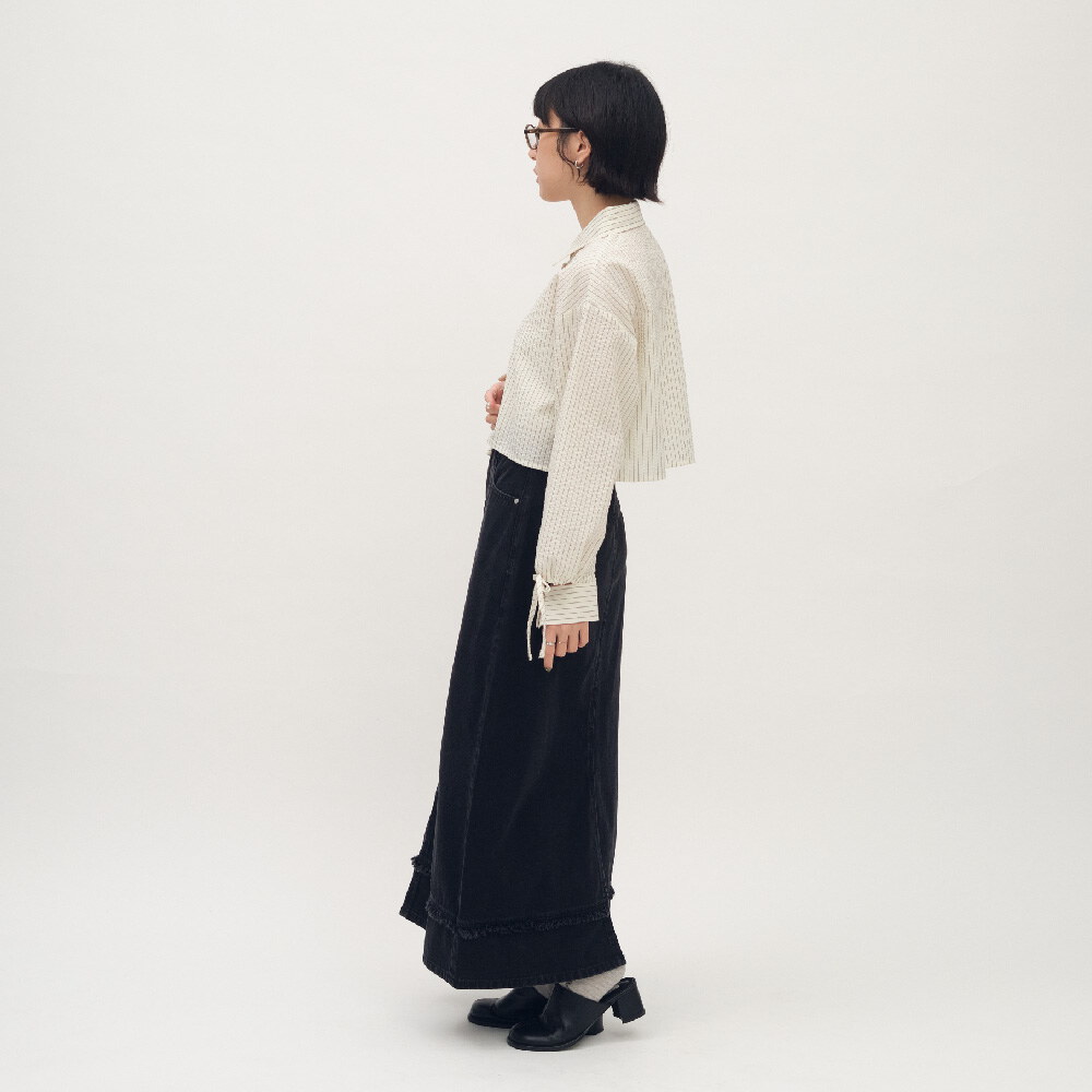 條紋泡泡紗袖口綁帶襯衫