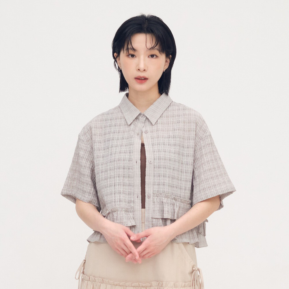 泡泡格荷葉下擺襯衫