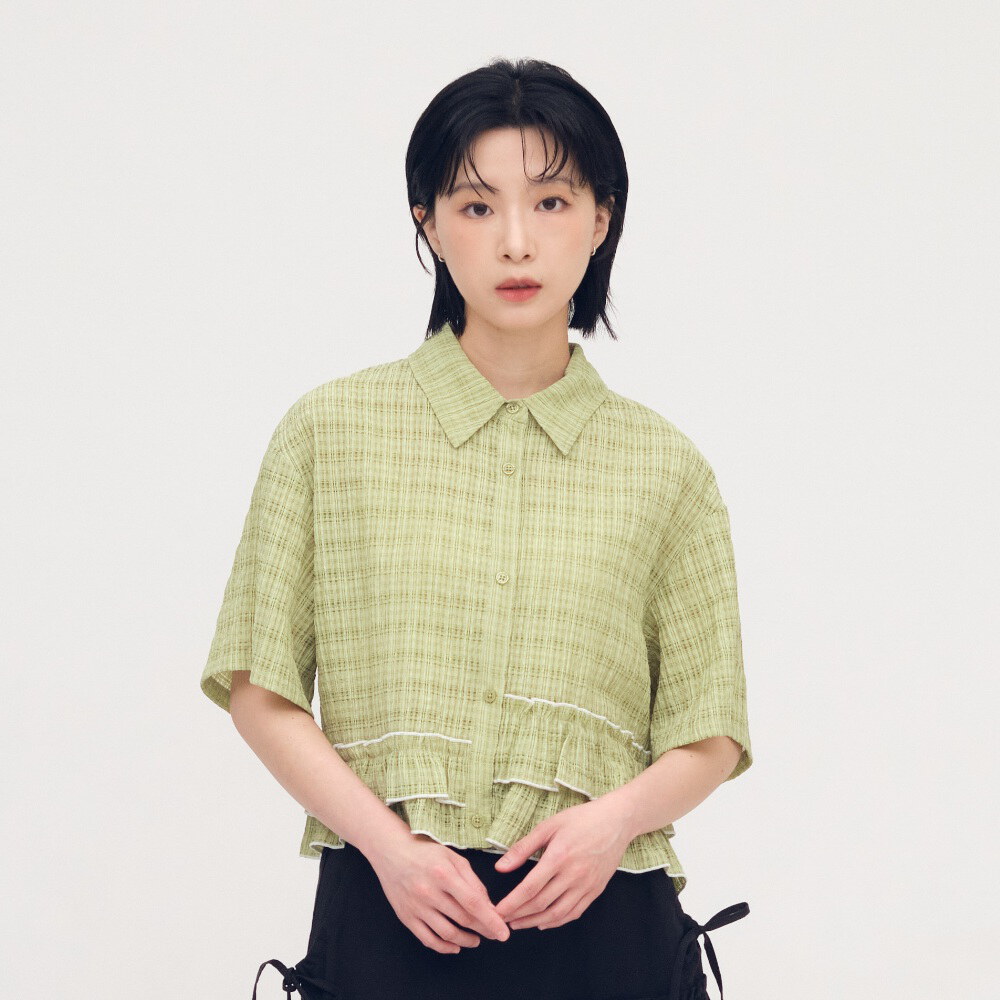 泡泡格荷葉下擺襯衫