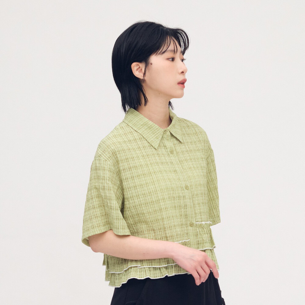 泡泡格荷葉下擺襯衫