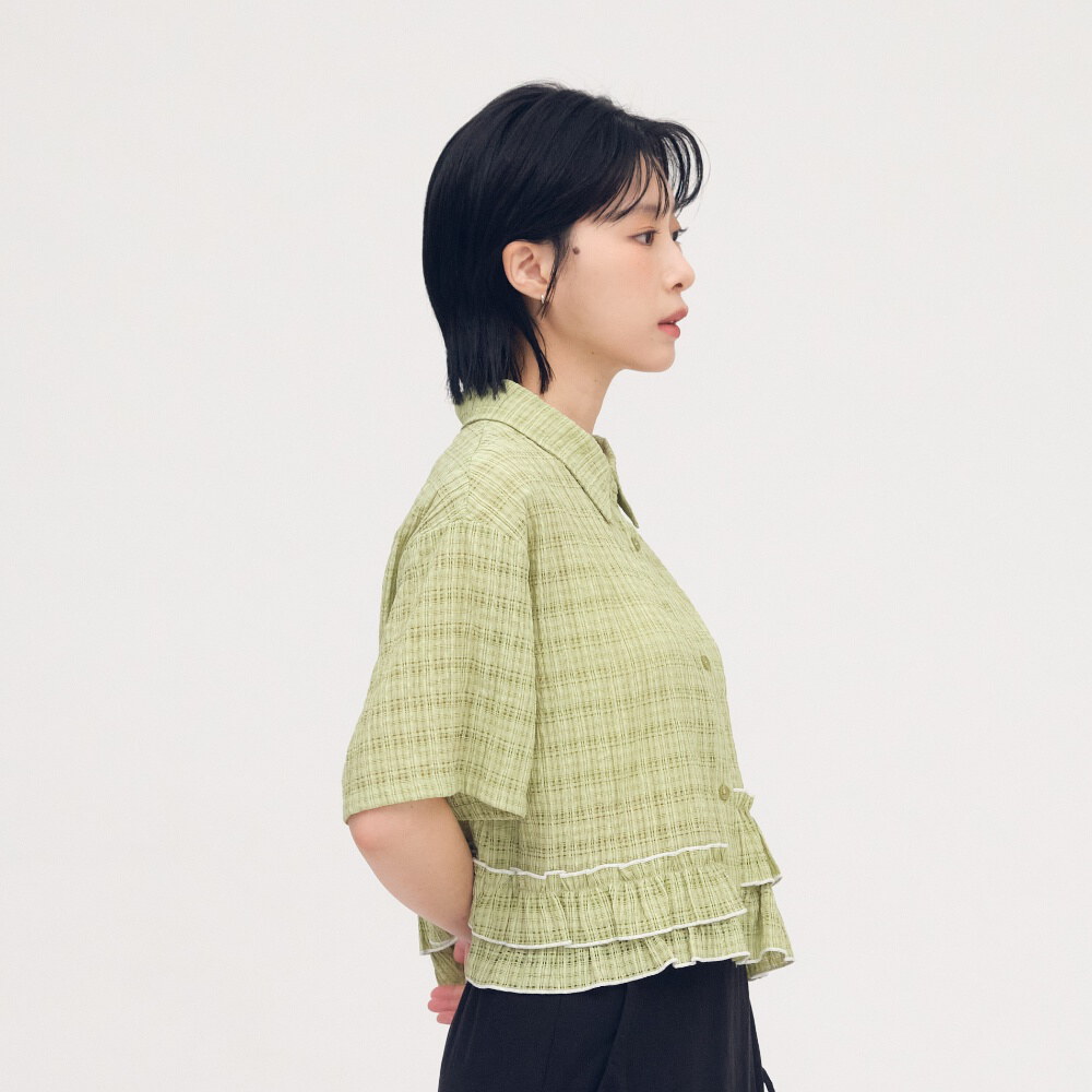 泡泡格荷葉下擺襯衫