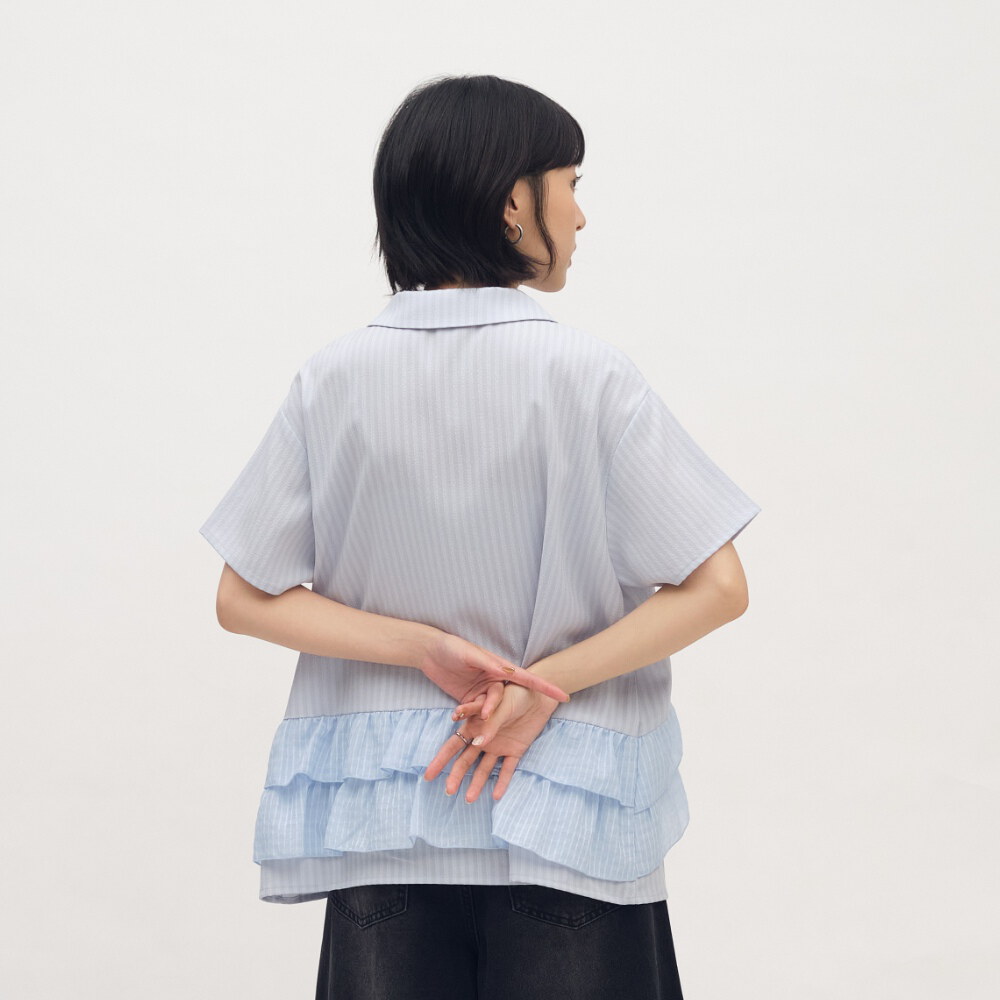 泡泡條荷葉拼接短袖襯衫