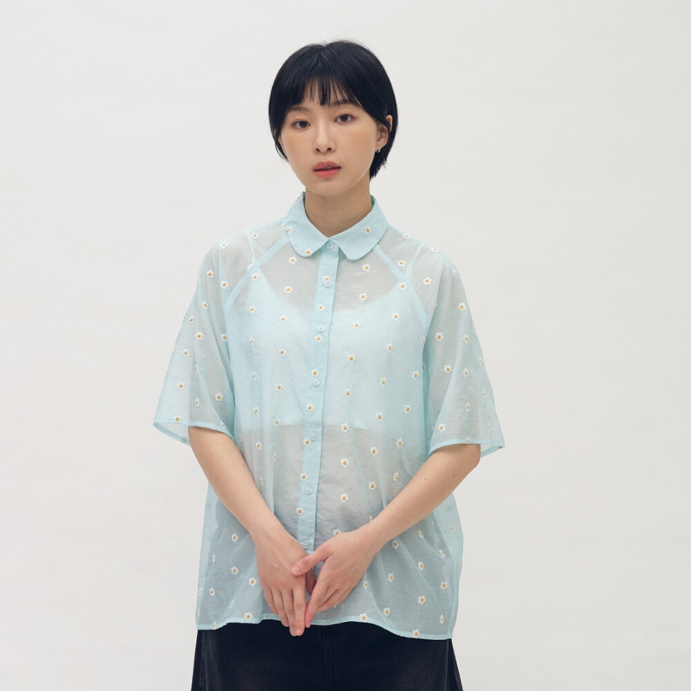 小花刺繡透膚襯衫