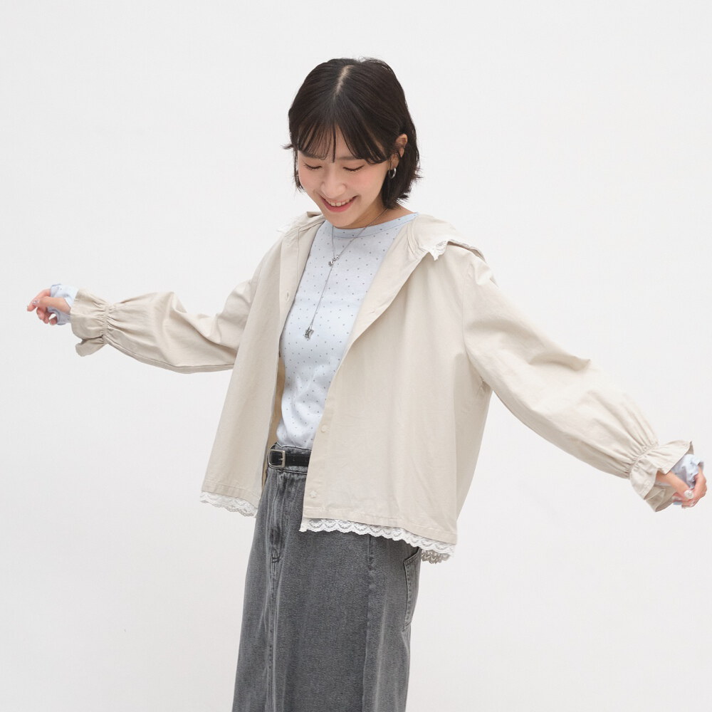 蕾絲拼接連帽襯衫