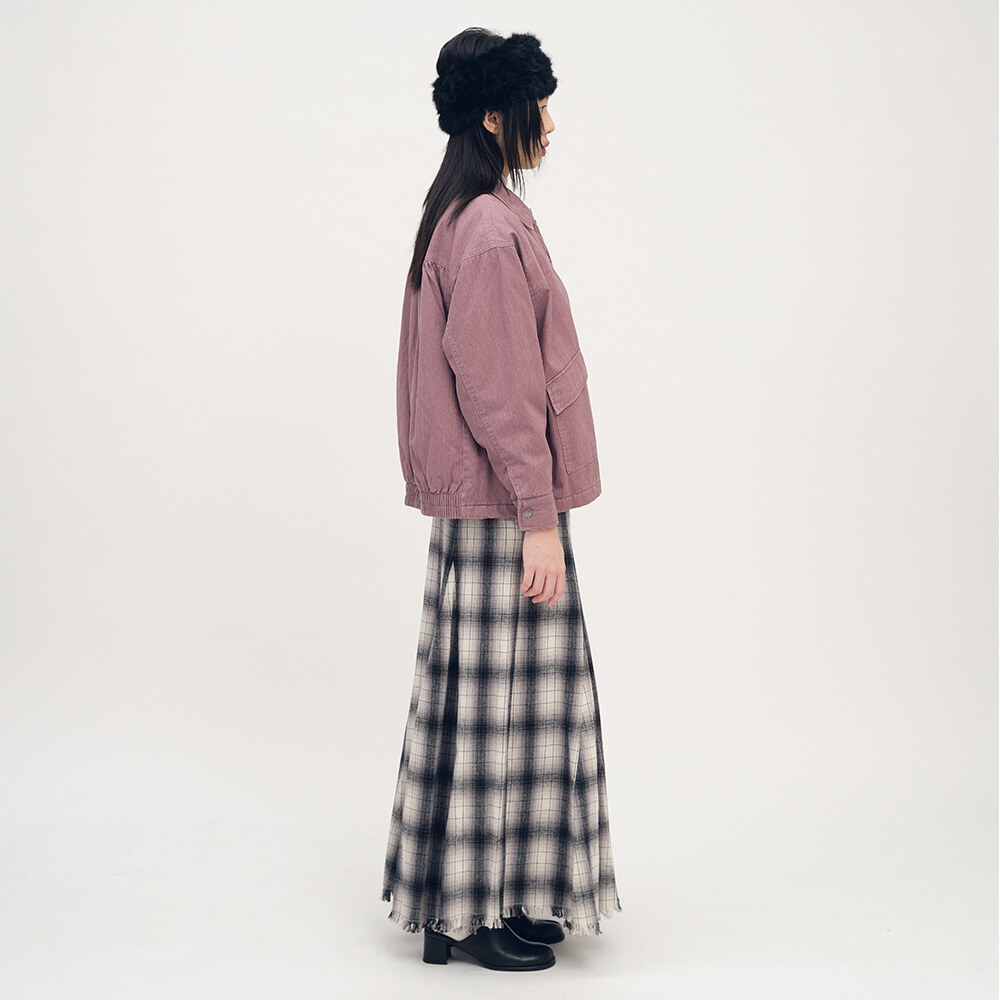 流蘇下擺剪接格紋裙