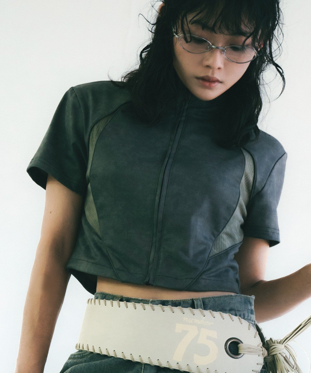 拉鍊上衣 Washed Patch Ribbed Zip Top