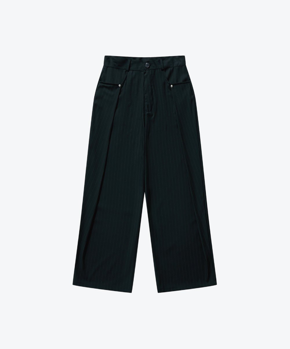 寬鬆條紋西褲 Pleated Dark Stripe Wide Trousers