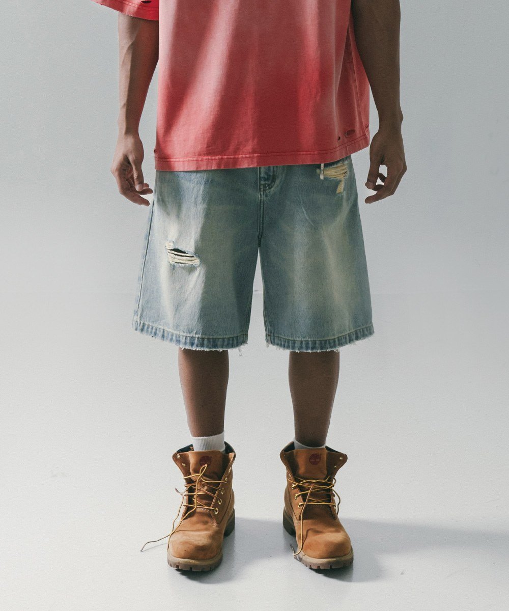 五分丹寧短褲 Destory Wash Denim Shorts