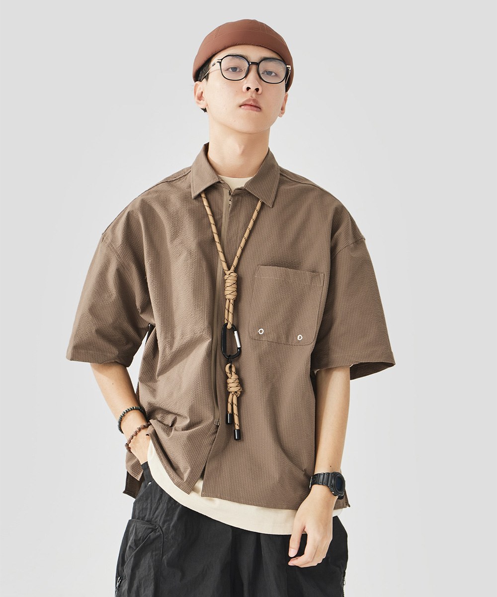 泡泡紗拉鍊襯衫 Zip-Up Seersucker Pocket Shirt